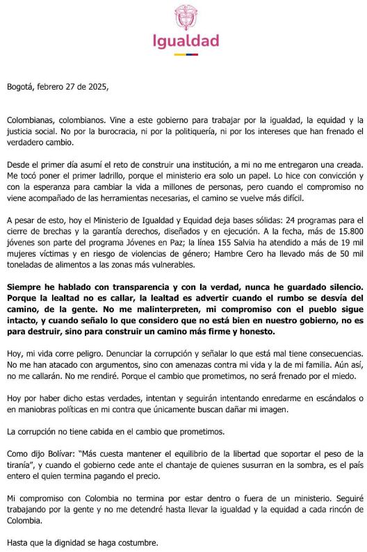 La carta que publicó la vicepresidenta Francia Márquez
