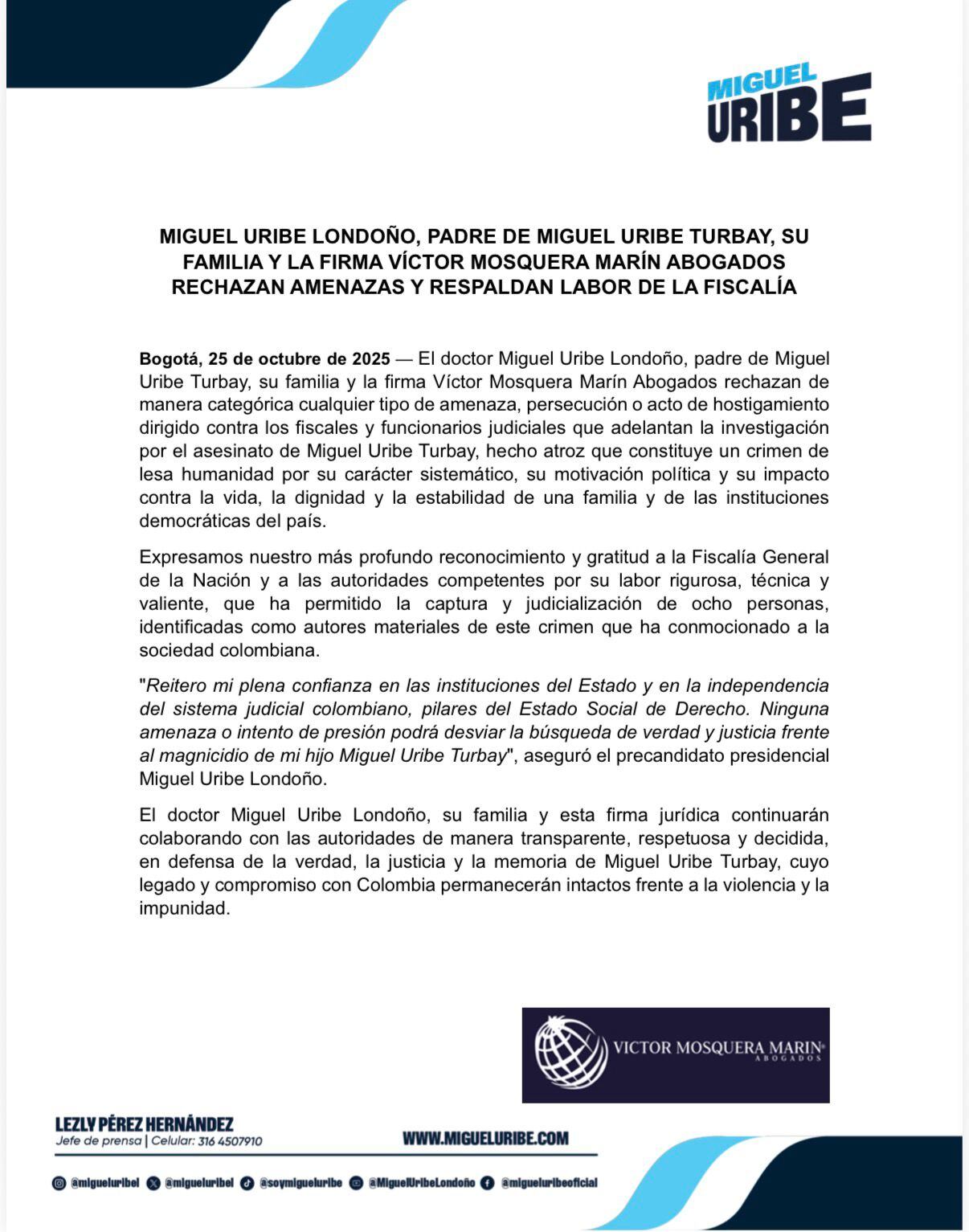 Pronunciamiento de la familia de Miguel Uribe Turbay sobre amenazas a funcionarios de la Fiscalía que investigan el magnicidio.