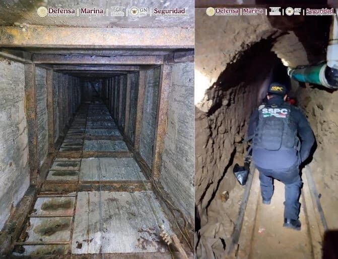 Entrada del túnel clandestino ubicada en Tijuana, México, con presencia de autoridades inspeccionando la zona.
