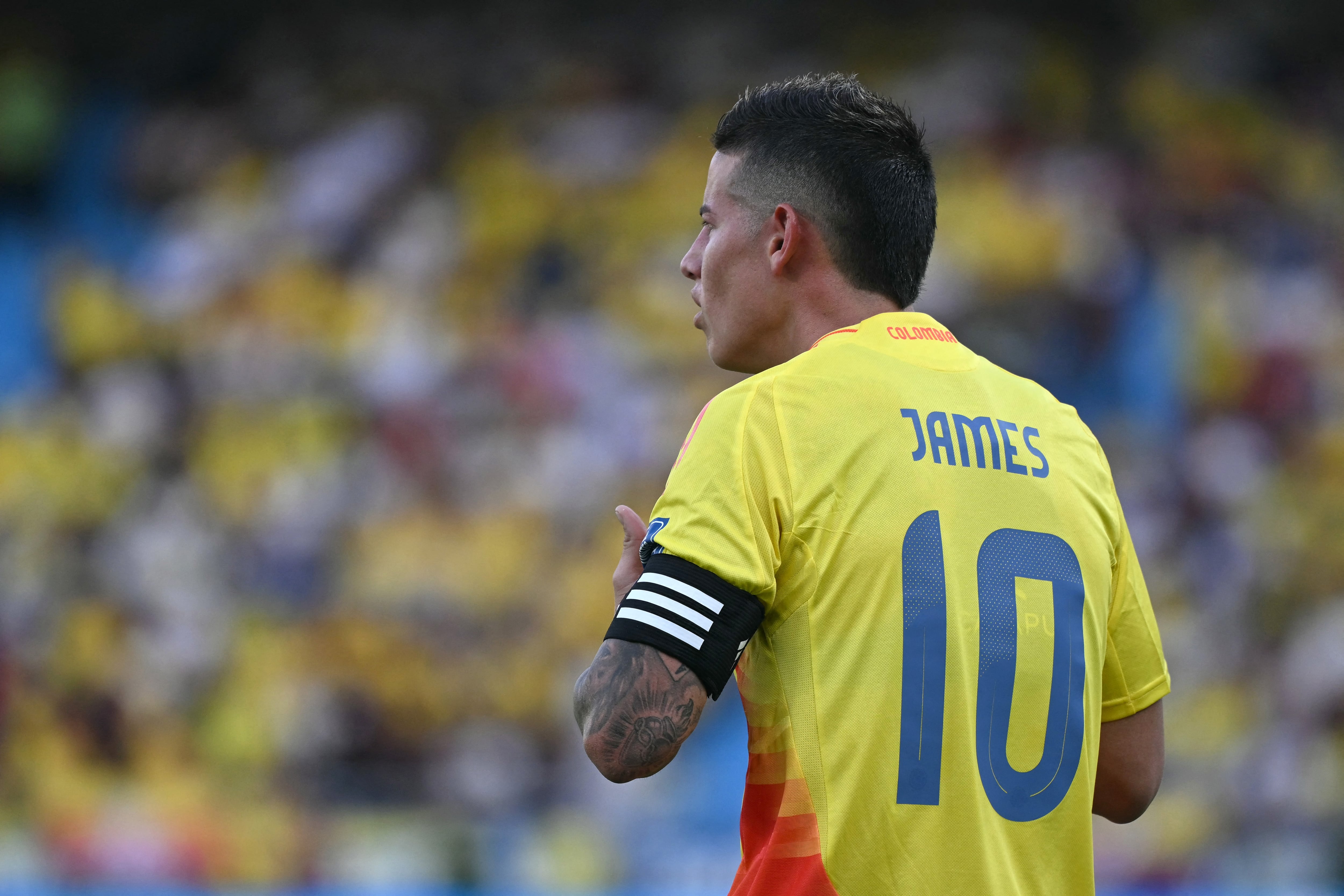 Colombia's midfielder #10 James Rodriguez reacts during the 2026 FIFA World Cup South American qualifiers football match between Colombia and Peru, at the Metropolitano Roberto Melendez stadium in Barranquilla, Colombia, on June 6, 2025. (Photo by Luis ACOSTA / AFP)