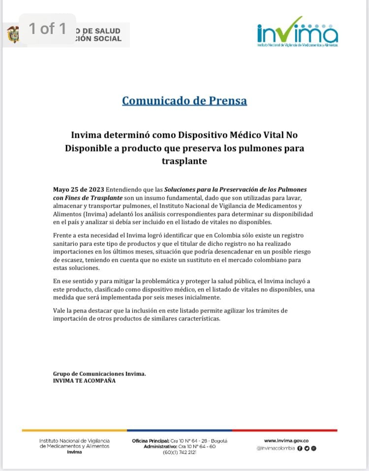 Captura de pantalla del comunicado del Invima.