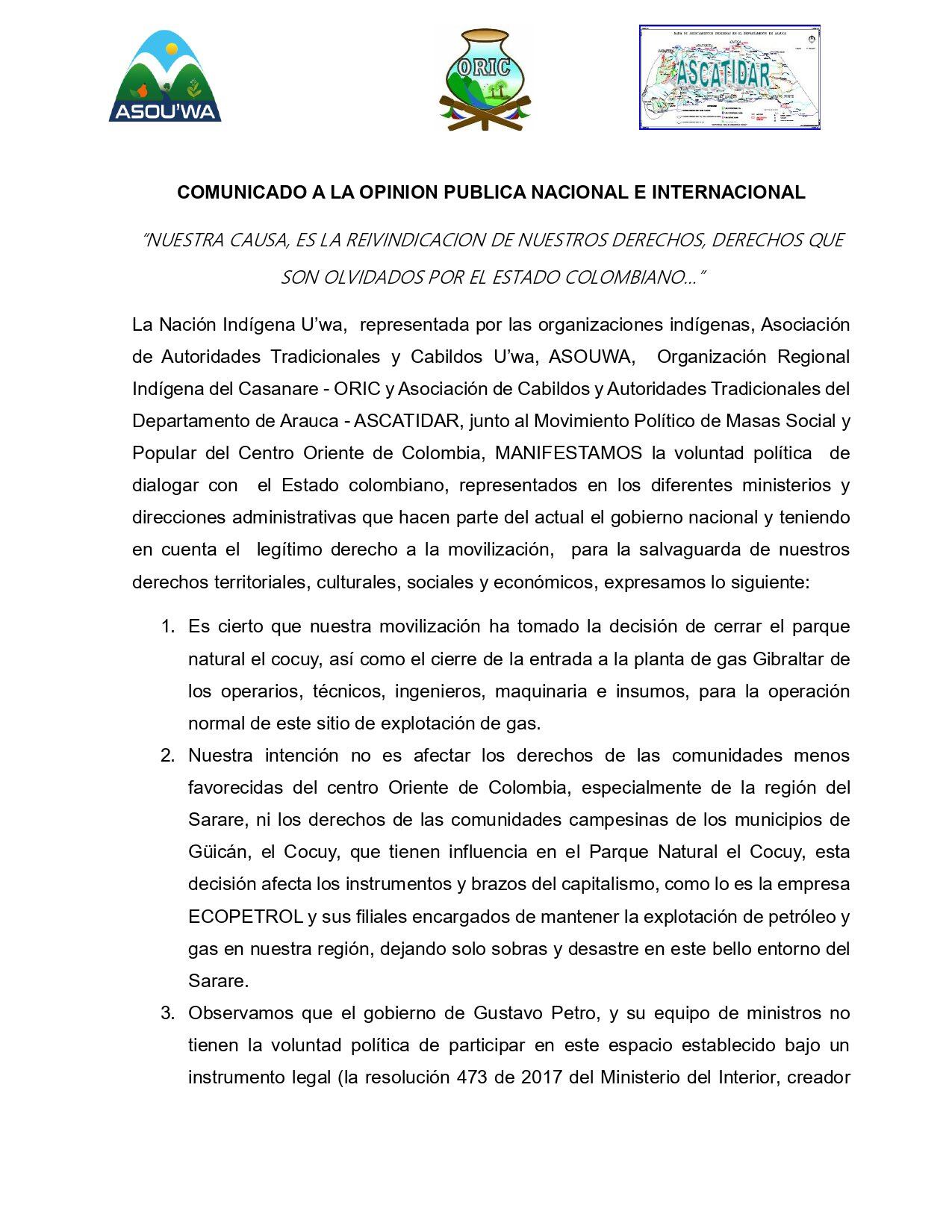 Comunicado de la Nación Indígena U’wa.