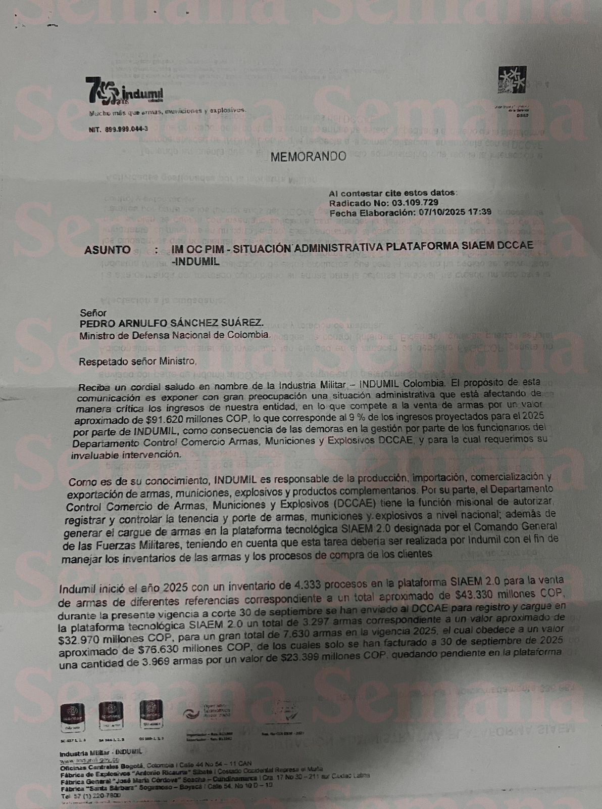 En un extenso documento, Indumil le advierte al Ministro de Defensa la situación crítica por el no ingreso de más de %90.000 millones en ventas de armas.