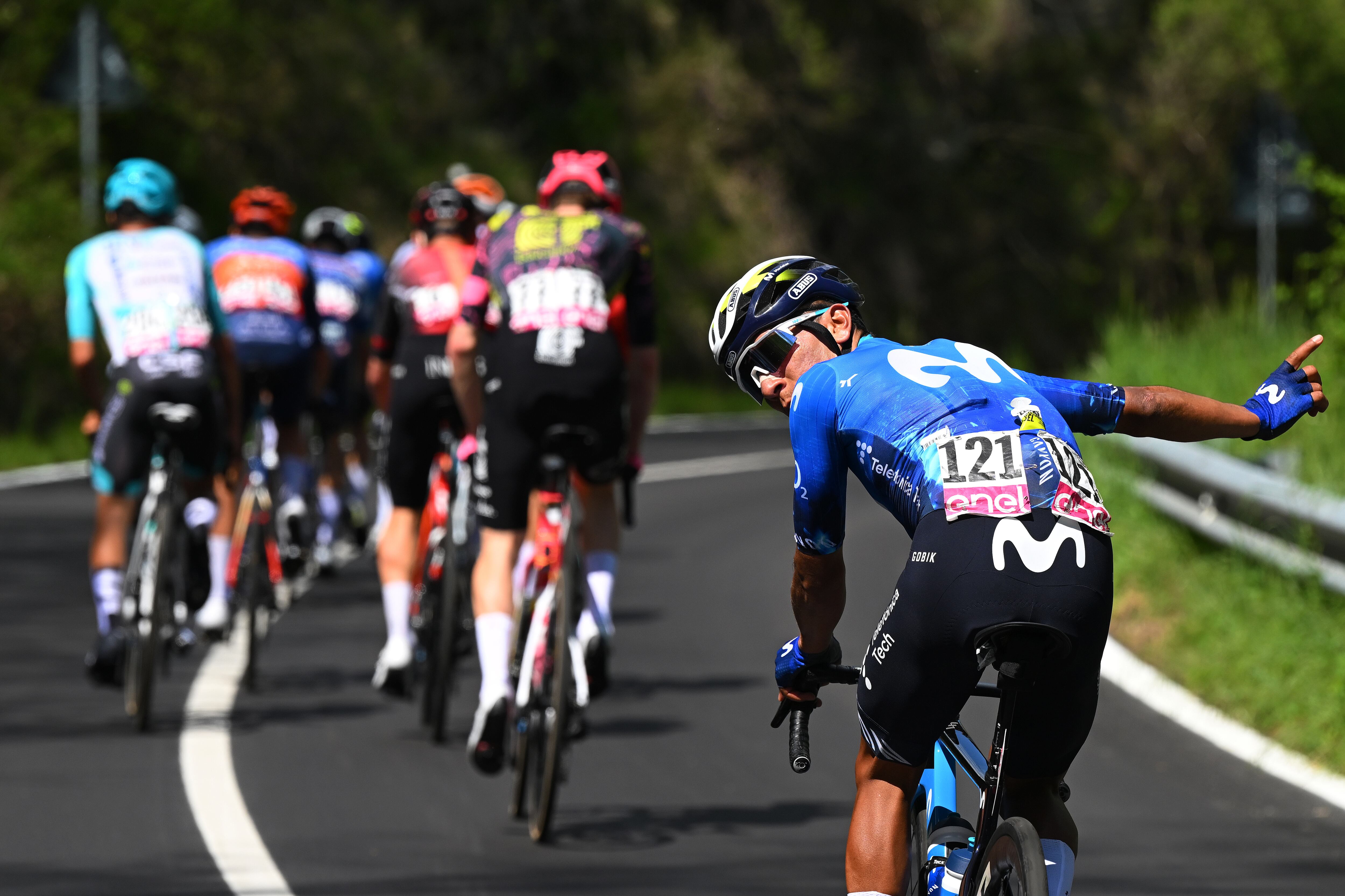 PRATI DI TIVO, ITALY - MAY 11: Nairo Quintana of Colombia and Movistar Team asks for assistance in the breakaway during the 107th Giro d'Italia 2024, Stage 8 a 152km stage from Spoleto to Prati di Tivo 1451m / #UCIWT / on May 11, 2024 in Prati di Tivo, Italy. (Photo by Tim de Waele/Getty Images)