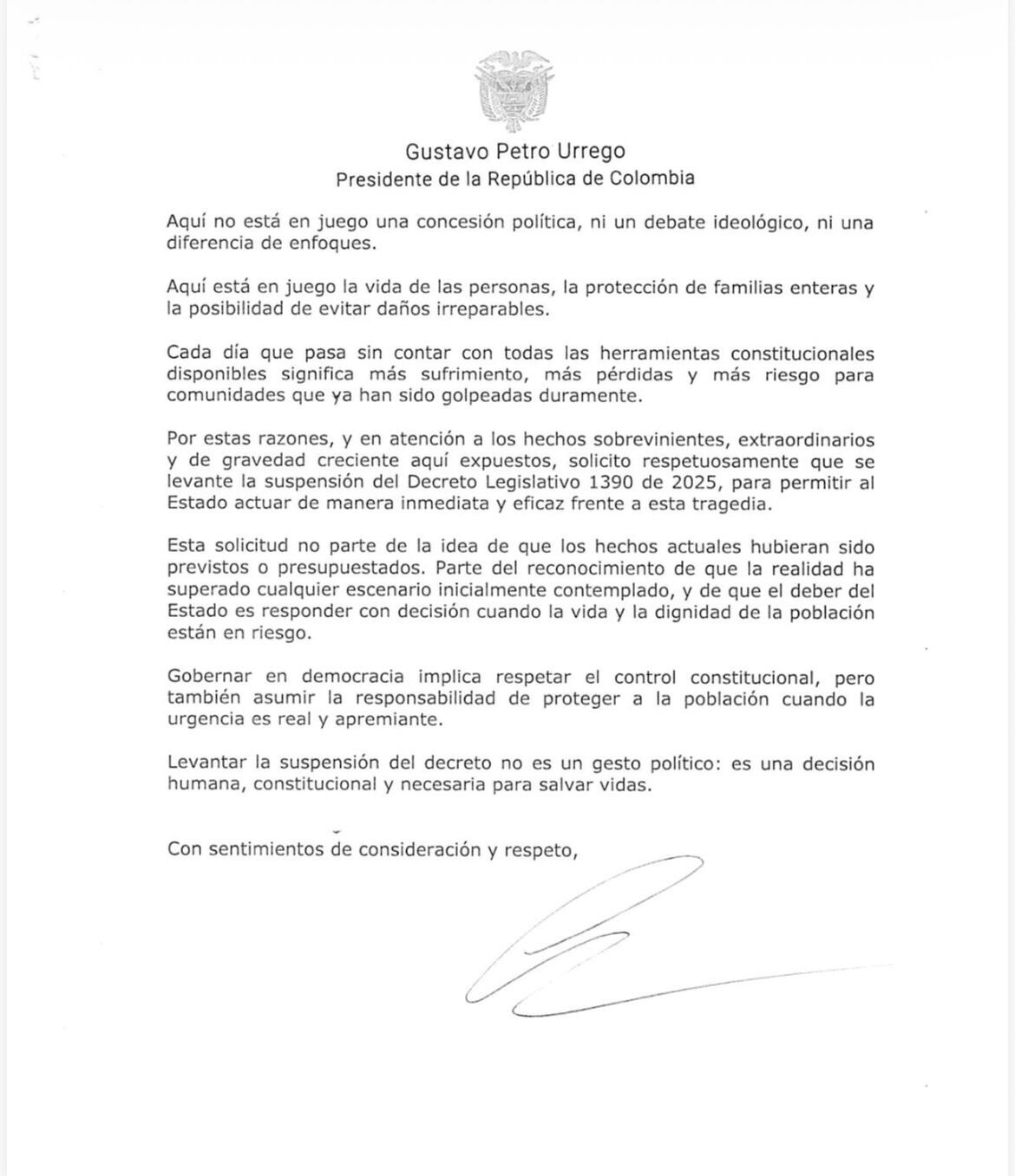 Carta Gustavo Petro Corte Constitucional