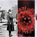 Imágenes representativas de la gripe española, coronavirus, VIH y peste negra, respectivamente