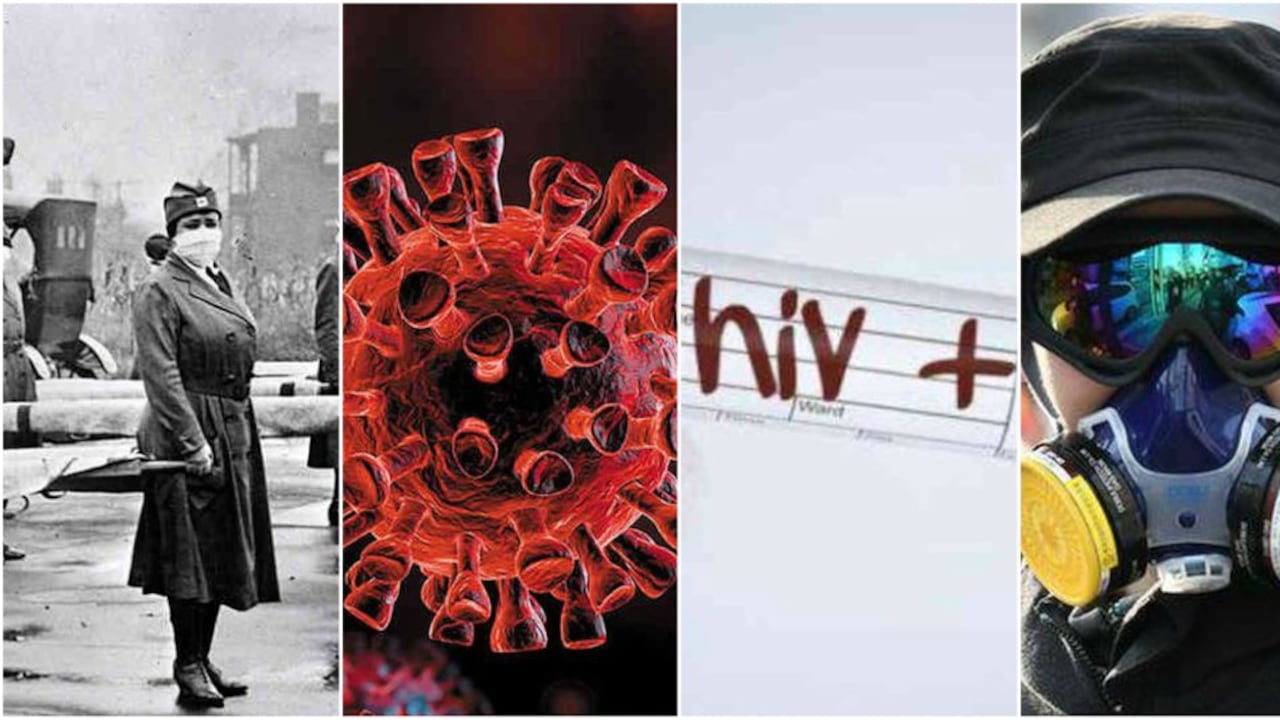 Imágenes representativas de la gripe española, coronavirus, VIH y peste negra, respectivamente