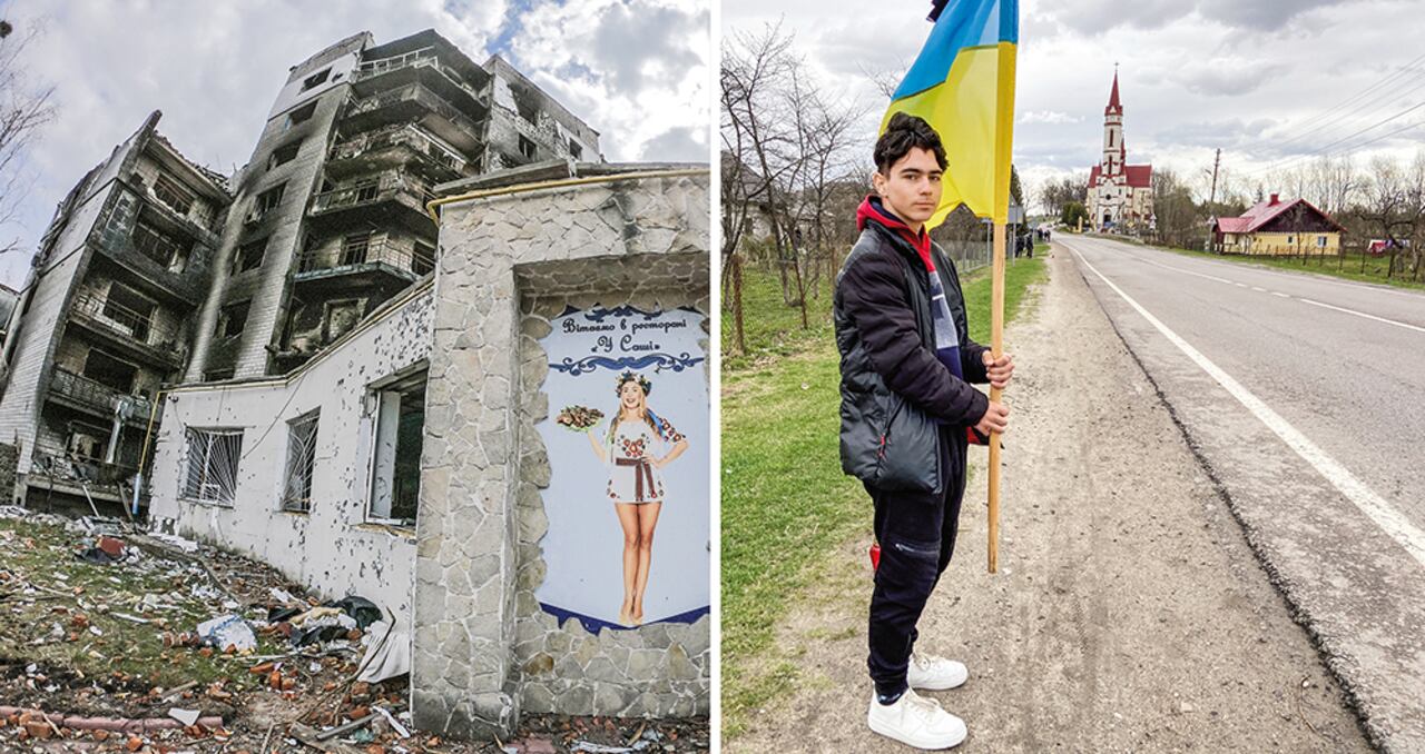 En Borodianka, las tropas rusas arrasaron con conjuntos residenciales y asesinaron civiles. A la derecha, un adolescente espera que pase el cortejo fúnebre de un soldado. Son cientos los campesinos que perdieron sus casas bajo el bombardeo ruso.