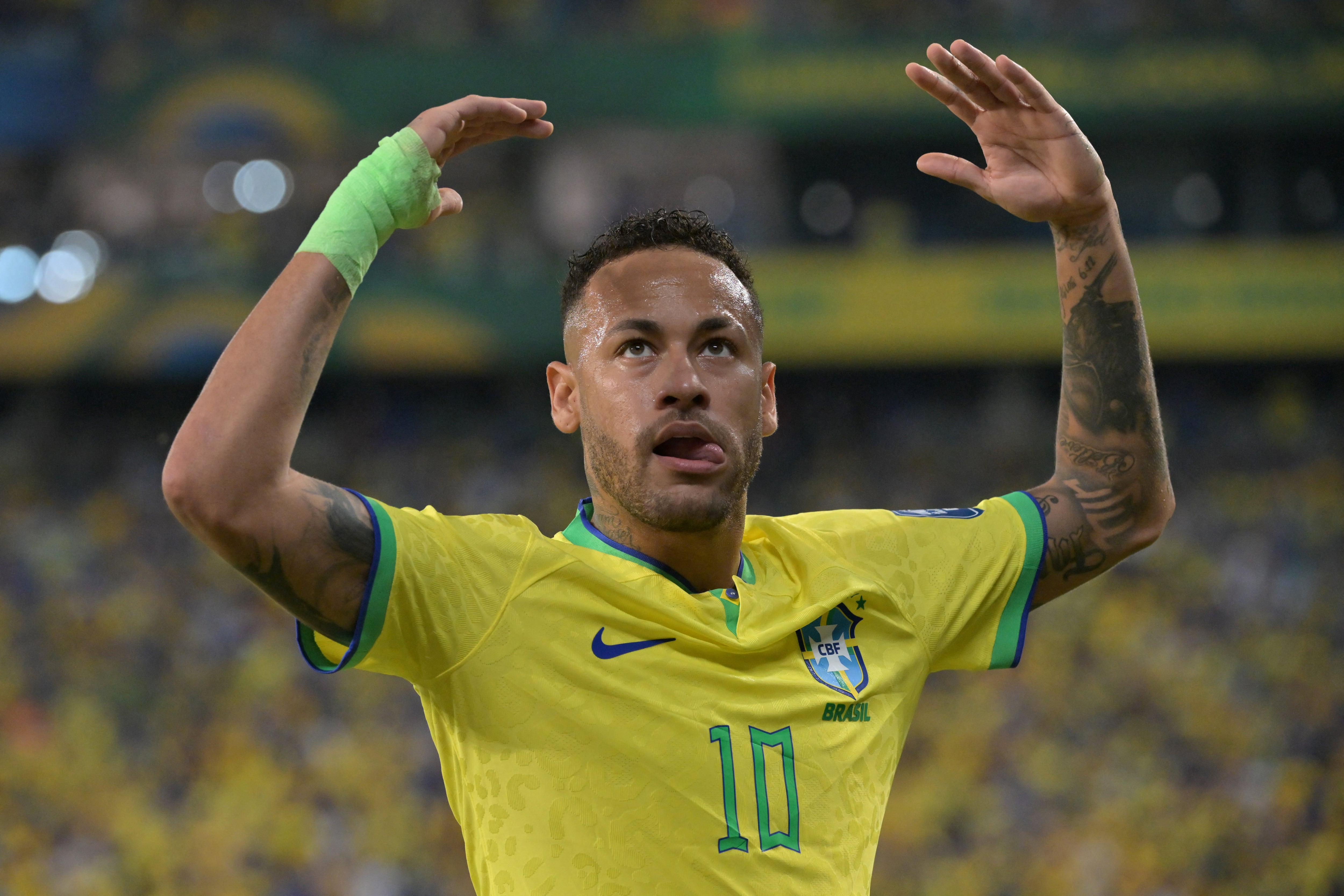 Brazil's forward Neymar gestures during the 2026 FIFA World Cup South American qualification football match between Brazil and Venezuela at the Arena Pantanal stadium in Cuiaba, Mato Grosso State, Brazil, on October 12, 2023. (Photo by NELSON ALMEIDA / AFP)