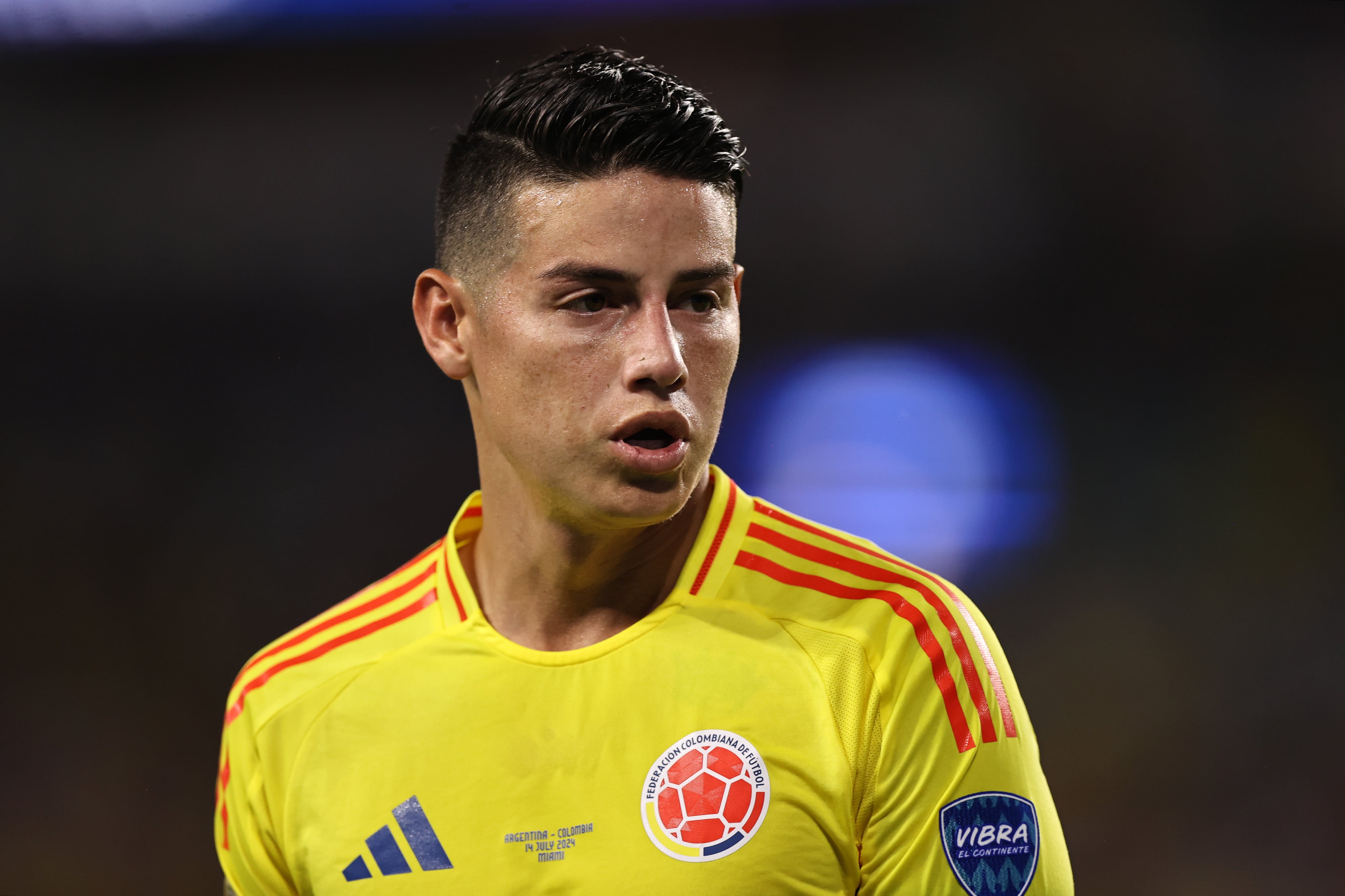 MIAMI GARDENS, FLORIDA - JULY 14: James Rodriguez of Colombia gestures during the CONMEBOL Copa America 2024 Final match between Argentina and Colombia at Hard Rock Stadium on July 14, 2024 in Miami Gardens, Florida. (Photo by Omar Vega/Getty Images)