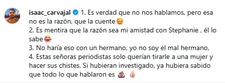 Isaac Carvajal aclaró noticia sobre su hermano y Stephanie Ruiz