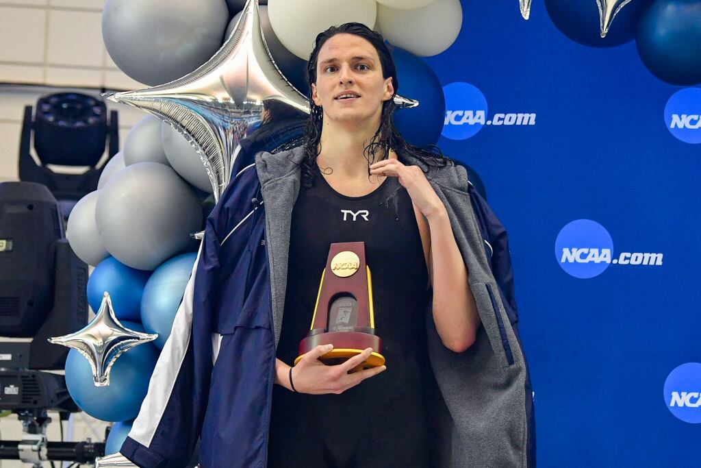ATLANTA, GA - MARCH 17:  University of Pennsylvania swimmer Lia Thomas accepts the winning trophy for the 500 Freestyle finals during the NCAA Swimming and Diving Championships on March 17th, 2022 at the McAuley Aquatic Center in Atlanta Georgia.  (Photo by Rich von Biberstein/Icon Sportswire via Getty Images)