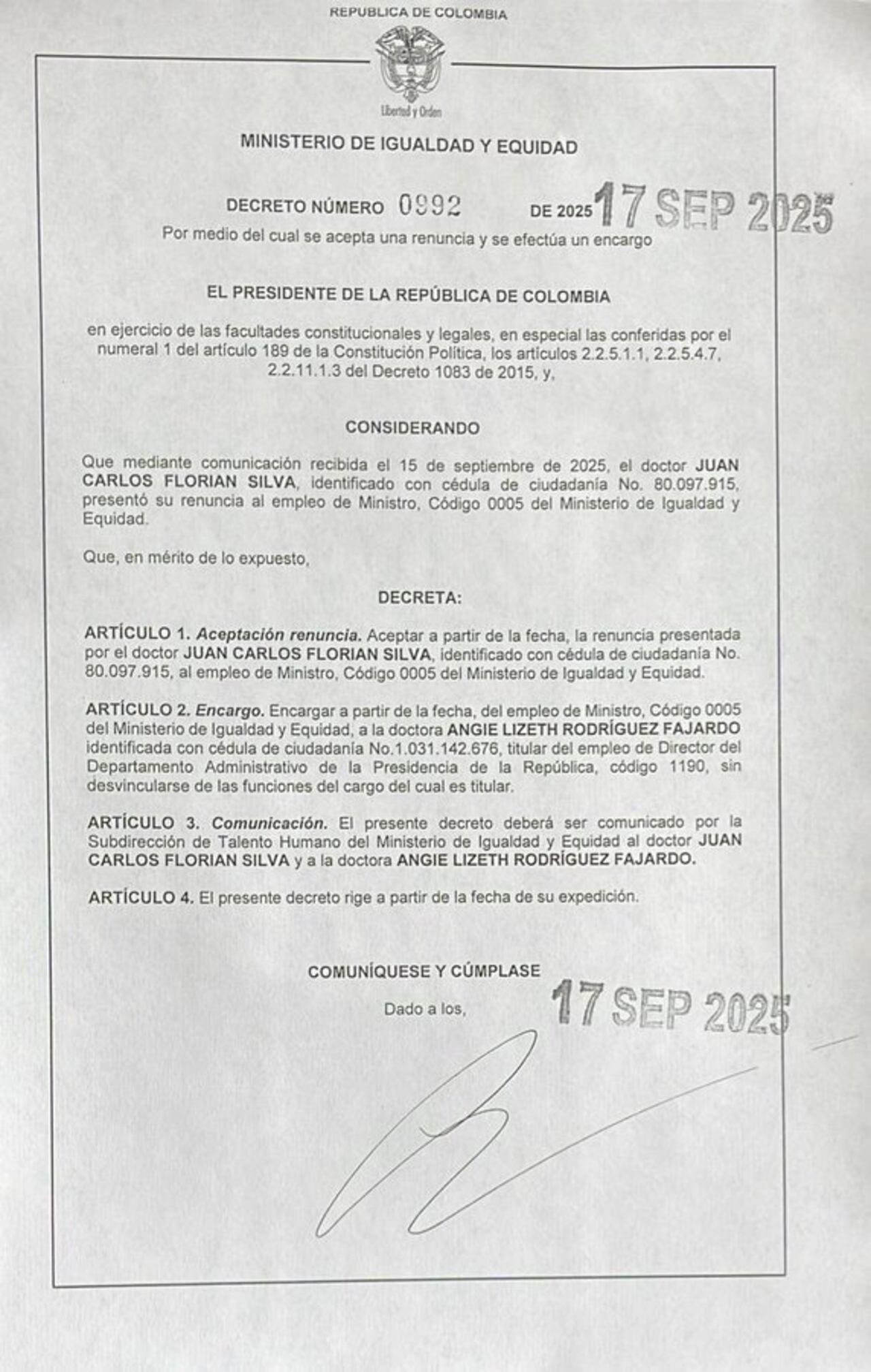 Decreto de Gustavo Petro aceptando la renuncia de Juan Carlos Florián