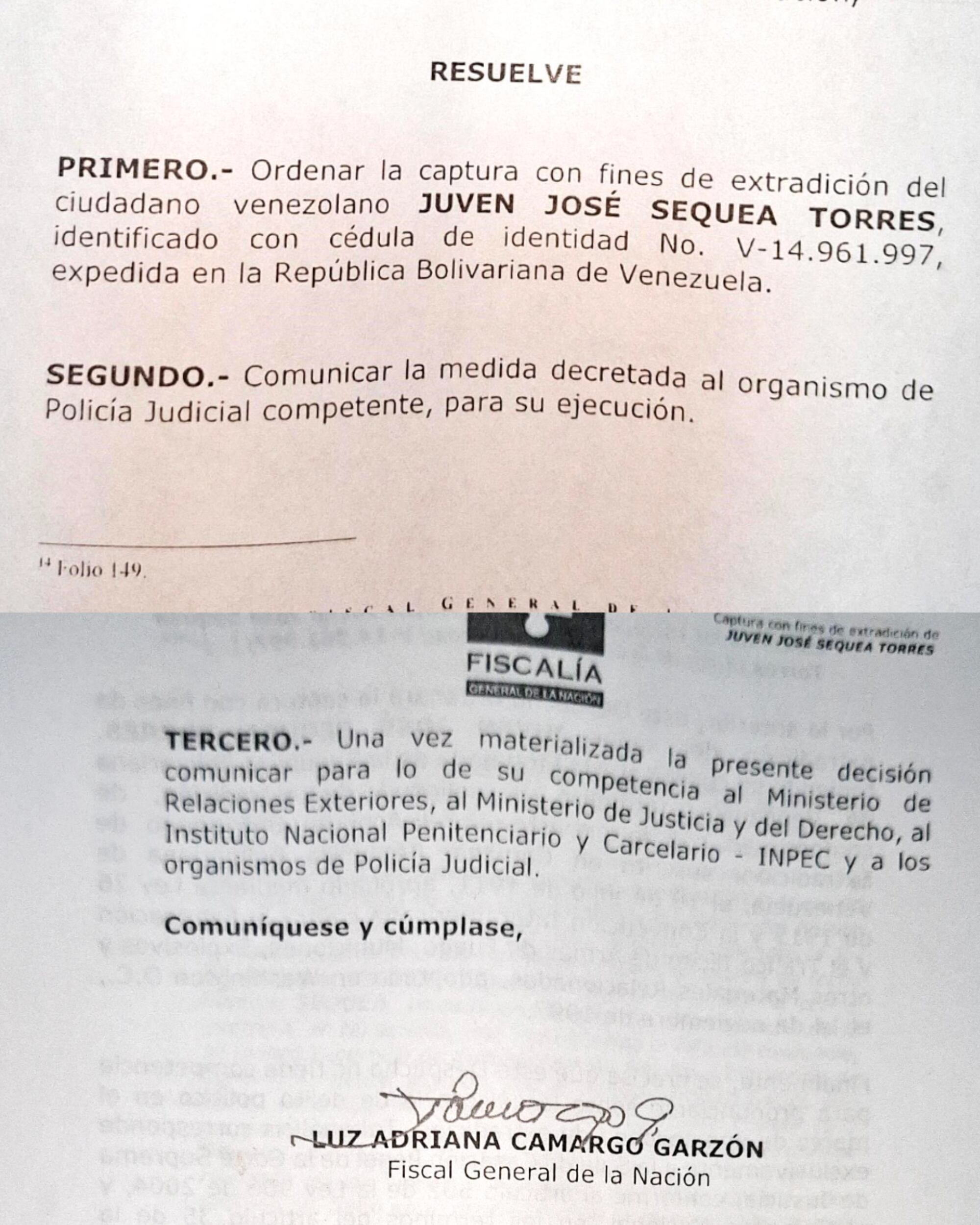 Captura con fines de extradición firmada por la fiscal Luz Adriana Camargo.