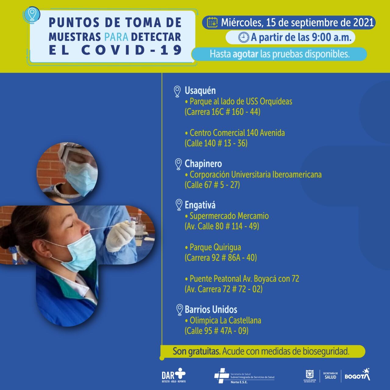 Pruebas gratis de covid-19 hoy miércoles 15 de septiembre: estos son los puntos habilitados