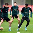 KIRKBY, ENGLAND - FEBRUARY 08: (THE SUN OUT, THE SUN ON SUNDAY OUT) Luis Diaz and Diogo Jota of Liverpool during a training session at AXA Training Centre on February 08, 2022 in Kirkby, England. (Photo by Andrew Powell/Liverpool FC via Getty Images)