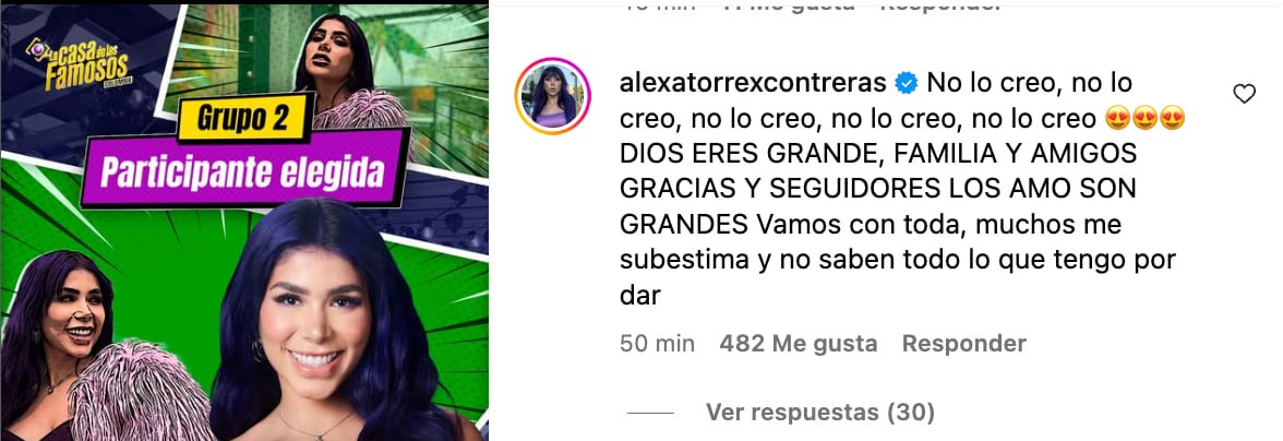 Alexa Torres se pronunció por ser confirmada en 'La casa de los famosos 3'.