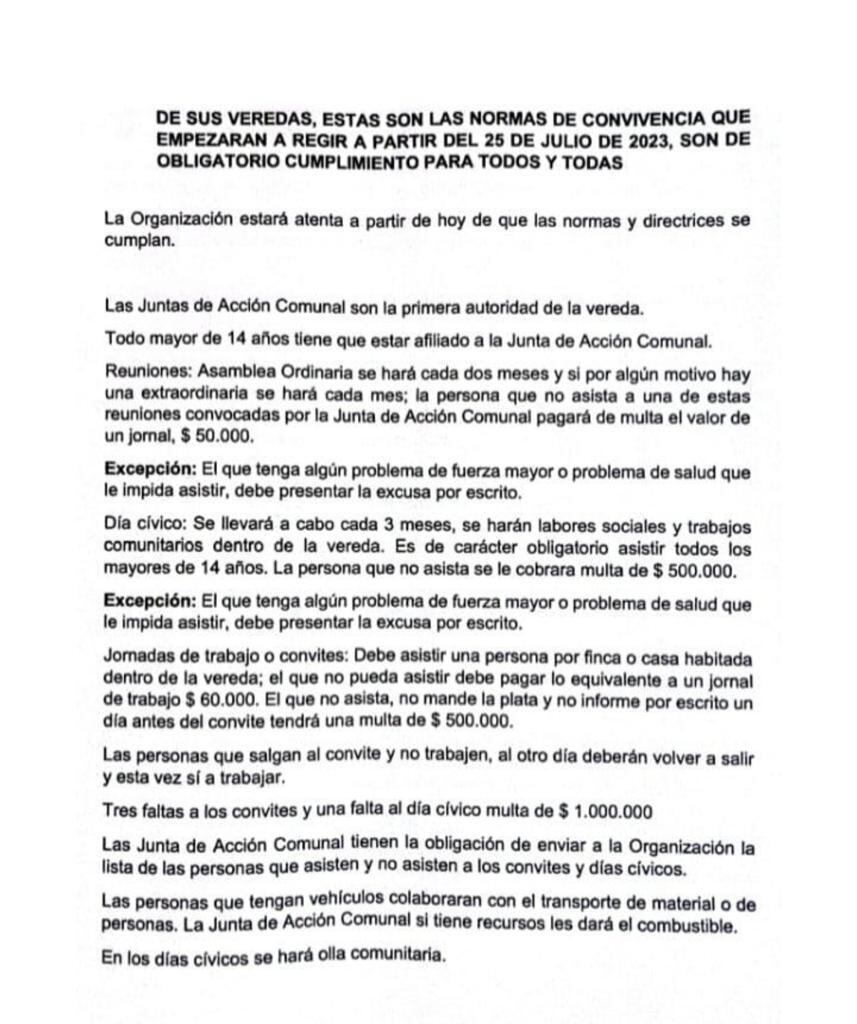 Este es el aterrador panfleto de las Disidencias de las Farc en donde imponen sus normas y anuncian sanciones económicas a los pobladores.