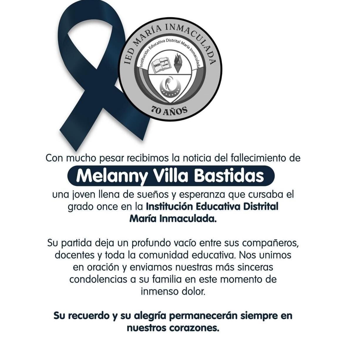 Esta fue la publicación que hizo el colegio tras conocer el fallecimiento de la joven.