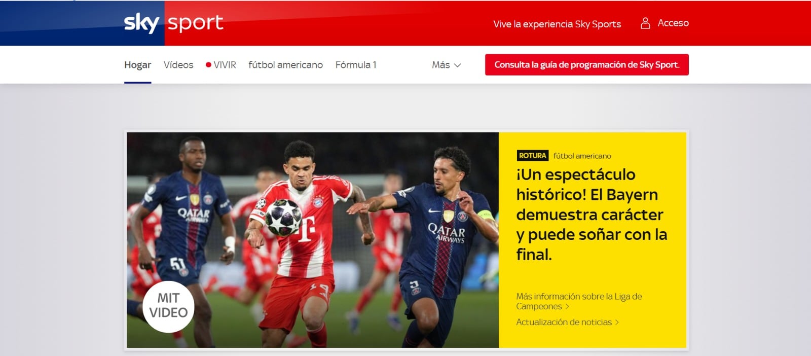 Sky Sport en Alemania reporta su crónica del juego Bayern Múnich vs PSG con Luis Díaz en la portada.