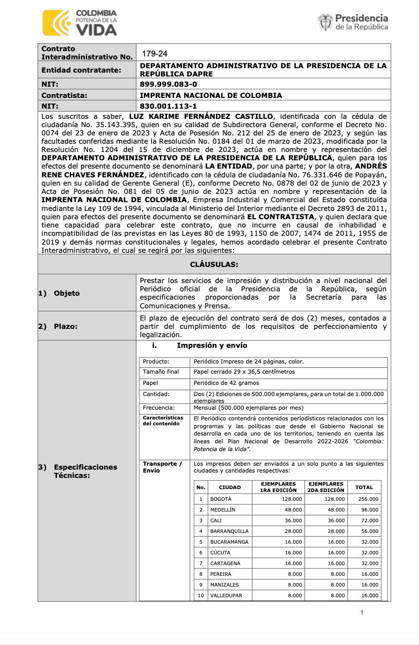 Contrato para imprimir el periódico Vida.