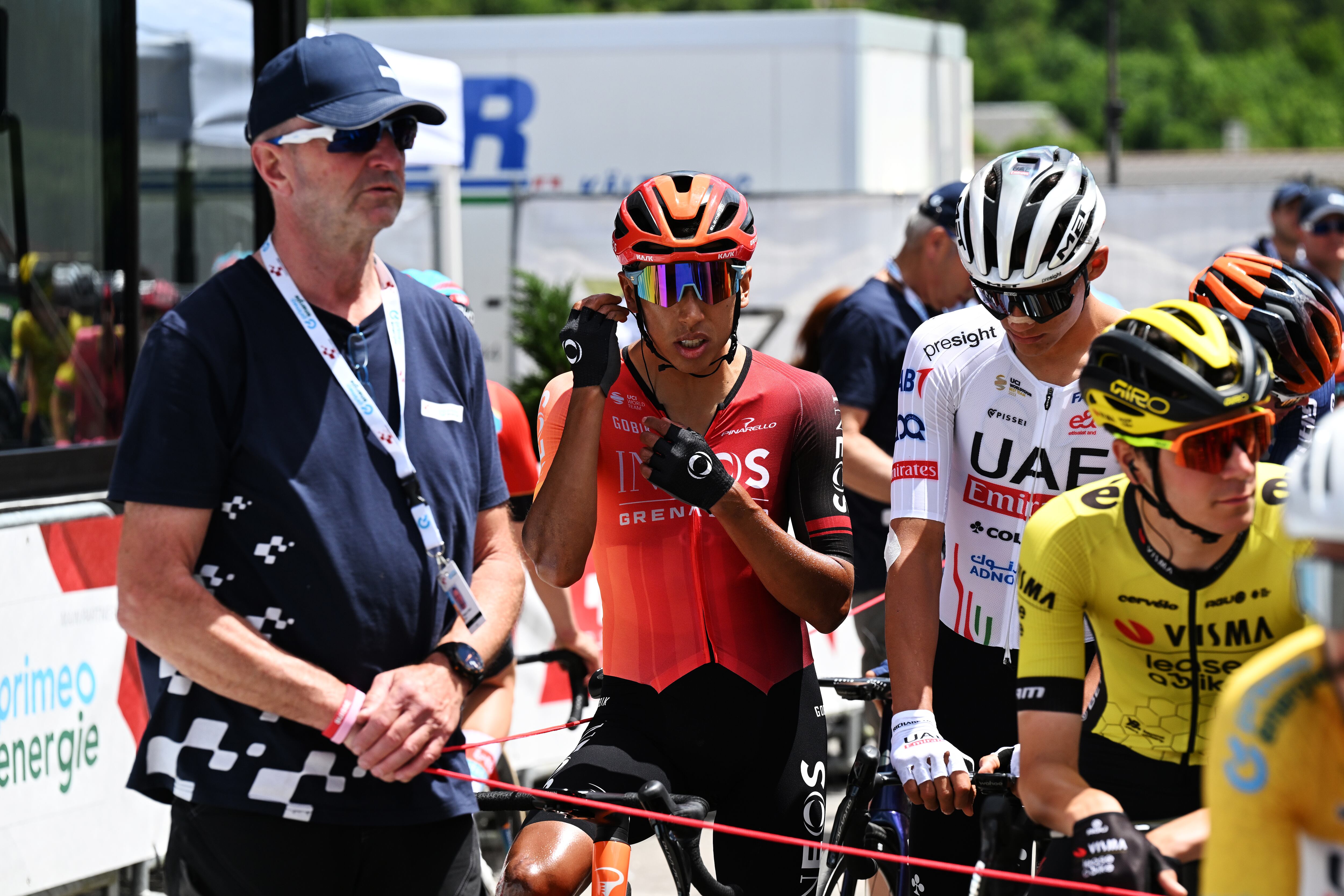 AMBRI, SWITZERLAND - JUNE 13: (L-R) Egan Bernal of Colombia and Team INEOS Grenadiers and Isaac del Toro of Mexico and UAE Team Emirates prior to the 87th Tour de Suisse 2024, Stage 5 a 148.6km stage from Ambri to Cari 1636m / #UCIWT / on June 13, 2024 in Ambri, Switzerland.  (Photo by Tim de Waele/Getty Images)