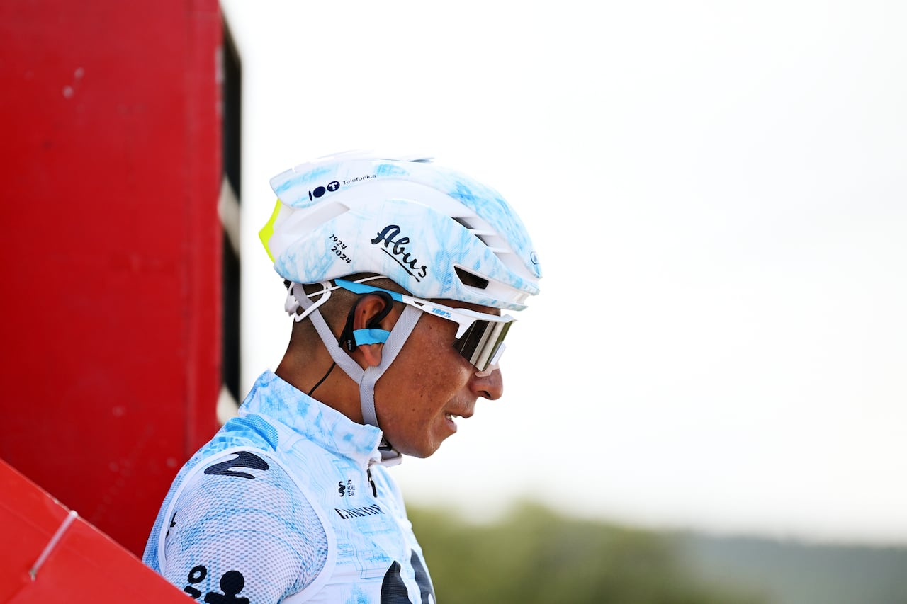 ARNUERO, SPAIN - SEPTEMBER 04: Nairo Quintana of Colombia and Team Movistar prior to the La Vuelta - 79th Tour of Spain 2024, Stage 17 a 141.5km stage Arnuero to Santander / #UCIWT / on September 04, 2024 in Arnuero, Spain. (Photo by Dario Belingheri/Getty Images)