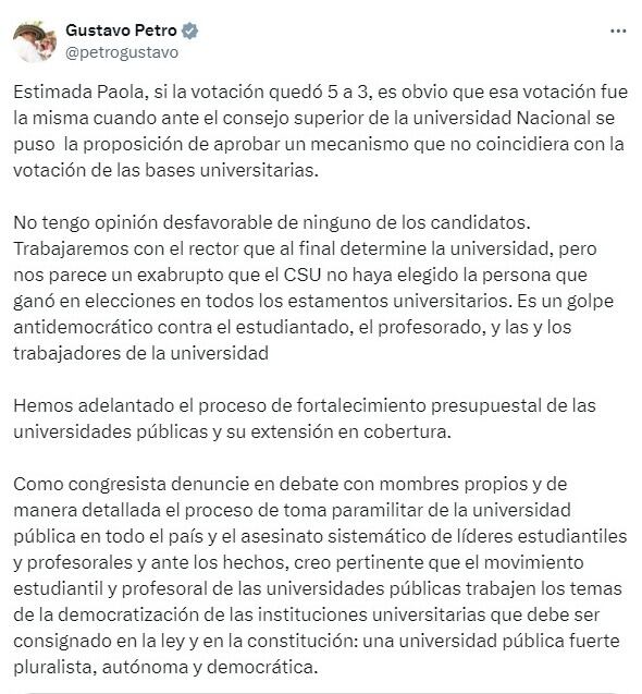 Este fue el pronunciamiento del presidente Gustavo Petro frente a la elección del nuevo rector de la Universidad Nacional.