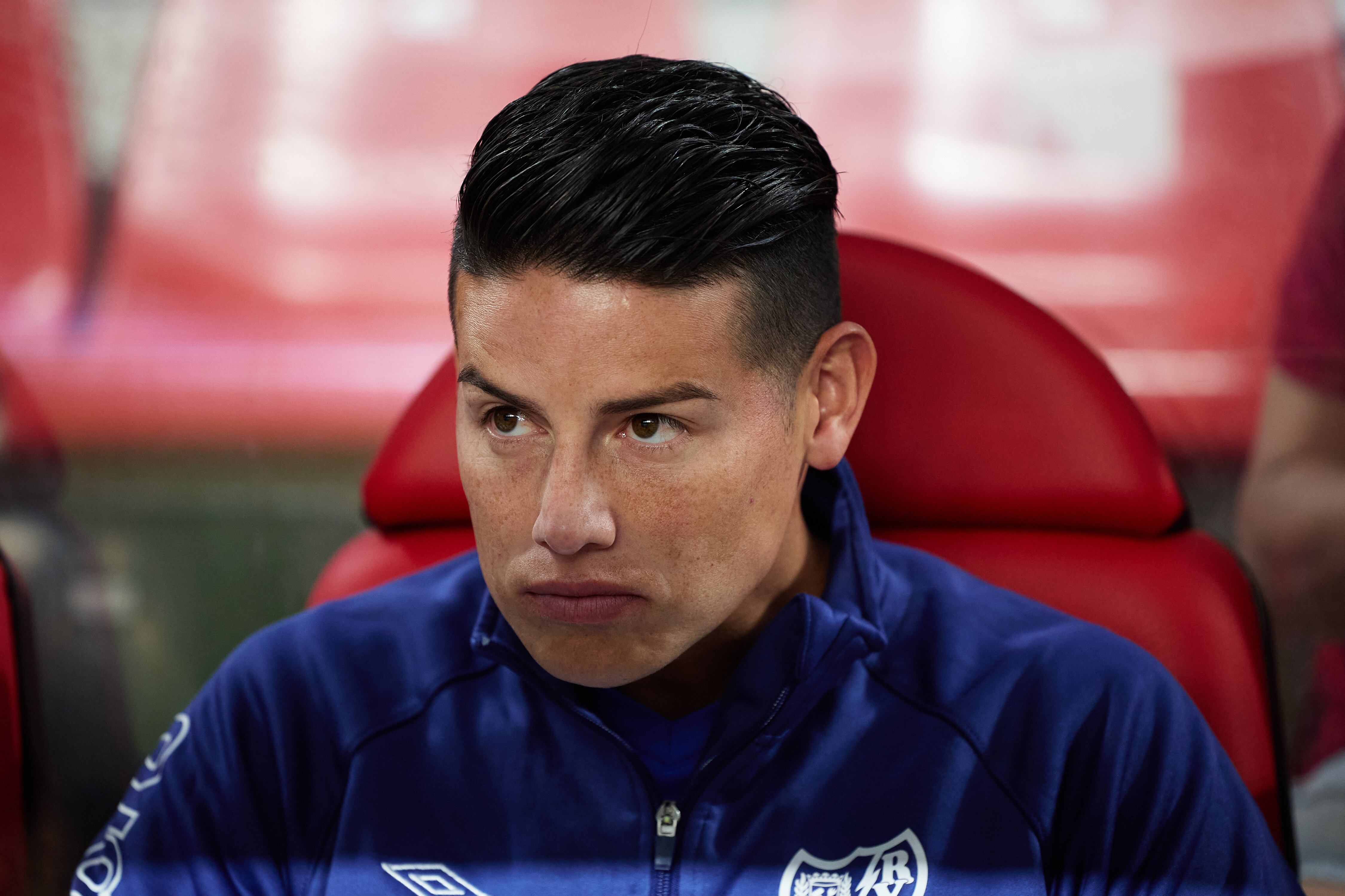 MADRID, SPAIN - SEPTEMBER 16: James Rodriguez of Rayo Vallecano looks on from the bench prior to the LaLiga match between Rayo Vallecano and CA Osasuna at Estadio de Vallecas on September 16, 2024 in Madrid, Spain. (Photo by Alvaro Medranda/Quality Sport Images/Getty Images)