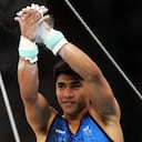 Ángel Barajas del equipo Colombia reacciona después de competir en la final de barra horizontal masculina de gimnasia artística el décimo día de los Juegos Olímpicos París 2024 en Bercy Arena el 05 de agosto de 2024 en París, Francia.