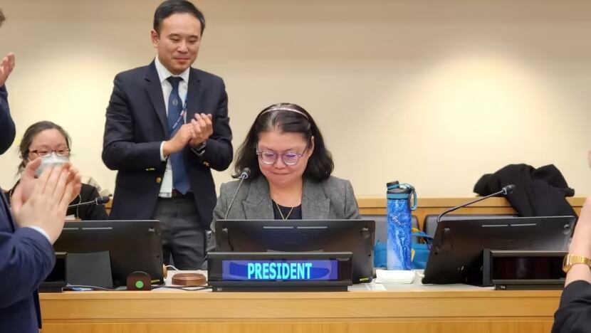 The Intergovernmental Conference (IGC) on Biodiversity Beyond National Jurisdiction (BBNJ) congratulating its President, Ambassador Rena Lee, on the successful conclusion of the BBNJ treaty. (Photo: Ministry of Foreign Affairs, Singapore)