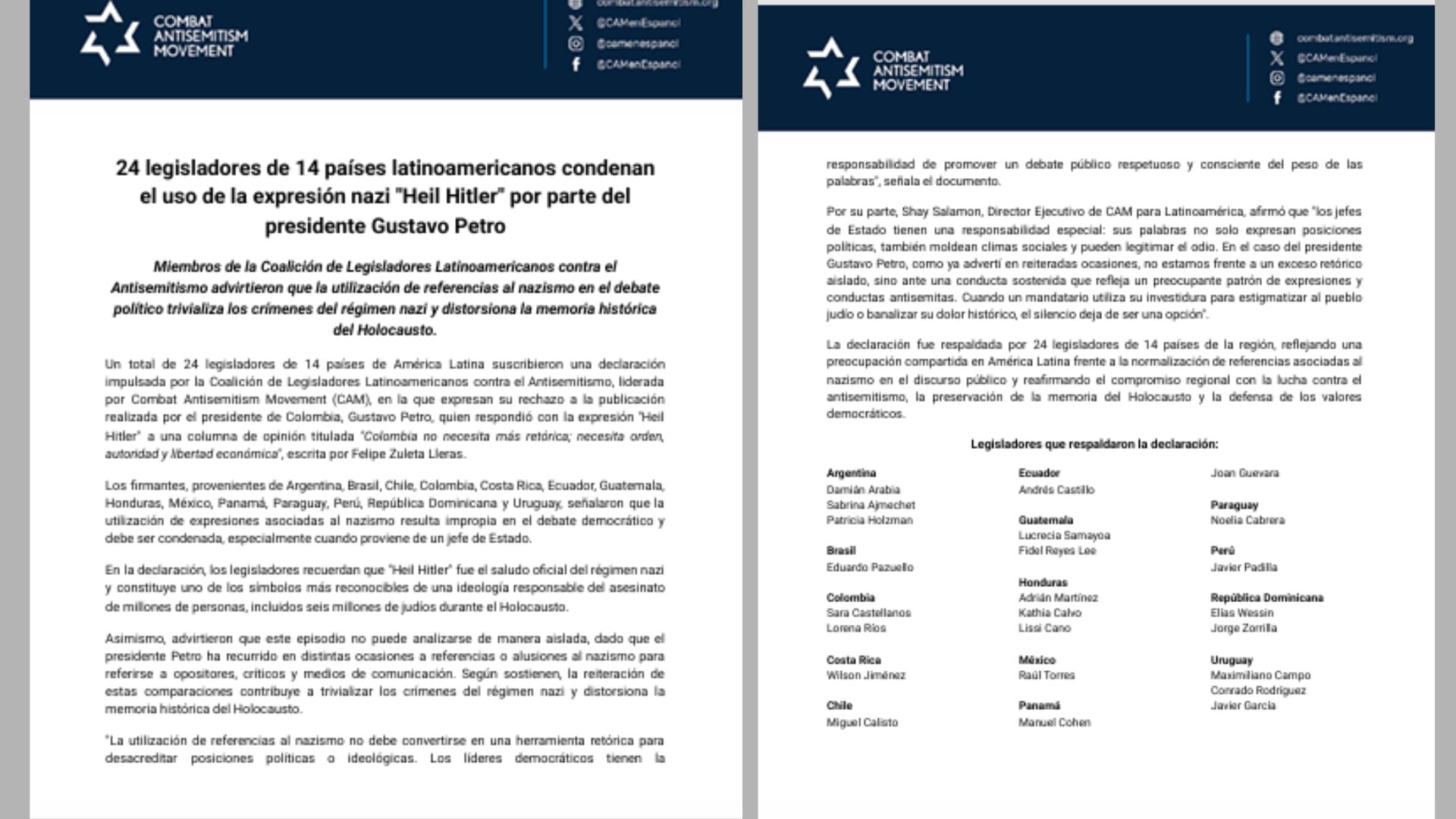 Comunicado de la Coalición de Legisladores Latinoamericanos contra el Antisemitismo, firmado por parlamentarios de Argentina, Brasil, Chile, Colombia, Costa Rica, Ecuador, Guatemala, Honduras, México, Panamá, Paraguay, Perú, República Dominicana y Uruguay.