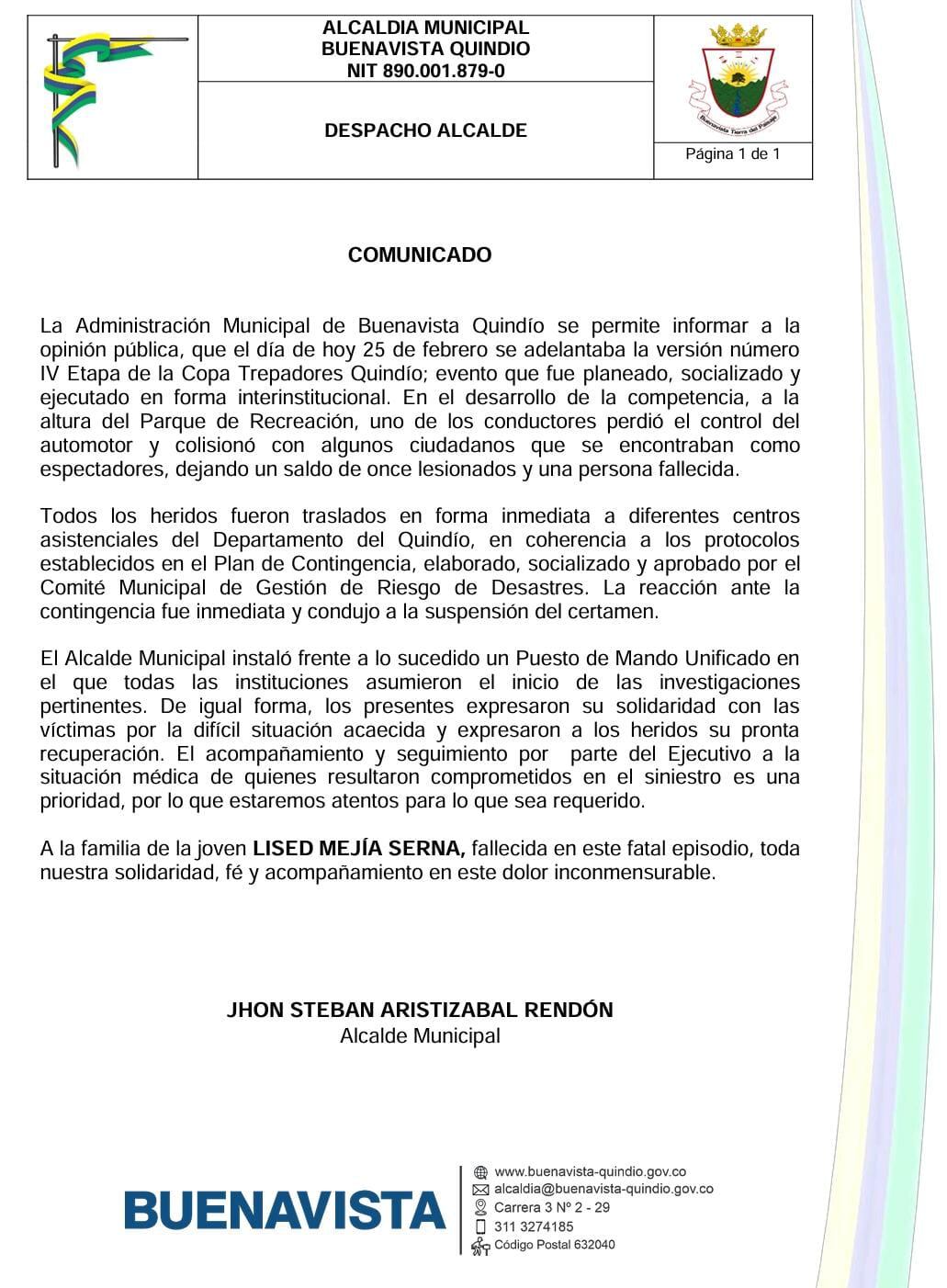 Comunicado de la Alcaldía de Buenavista