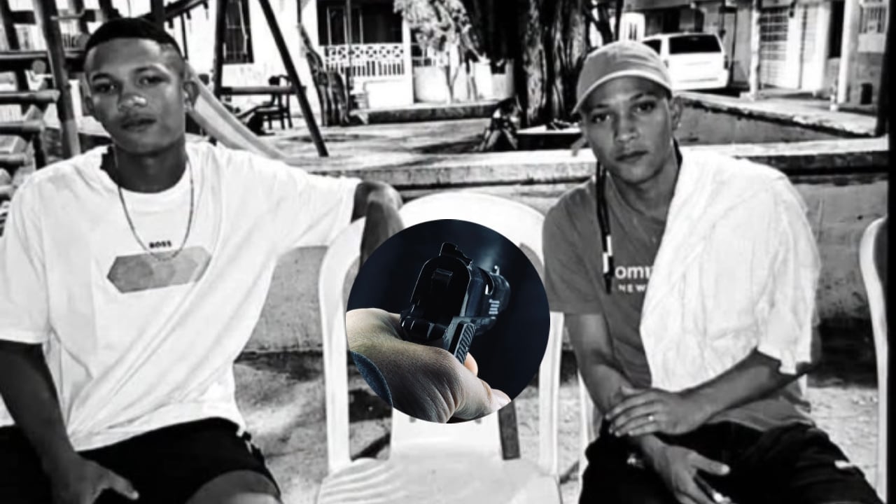Los dos hermanos que fueron asesinados y una imagen referencia de una pistola.