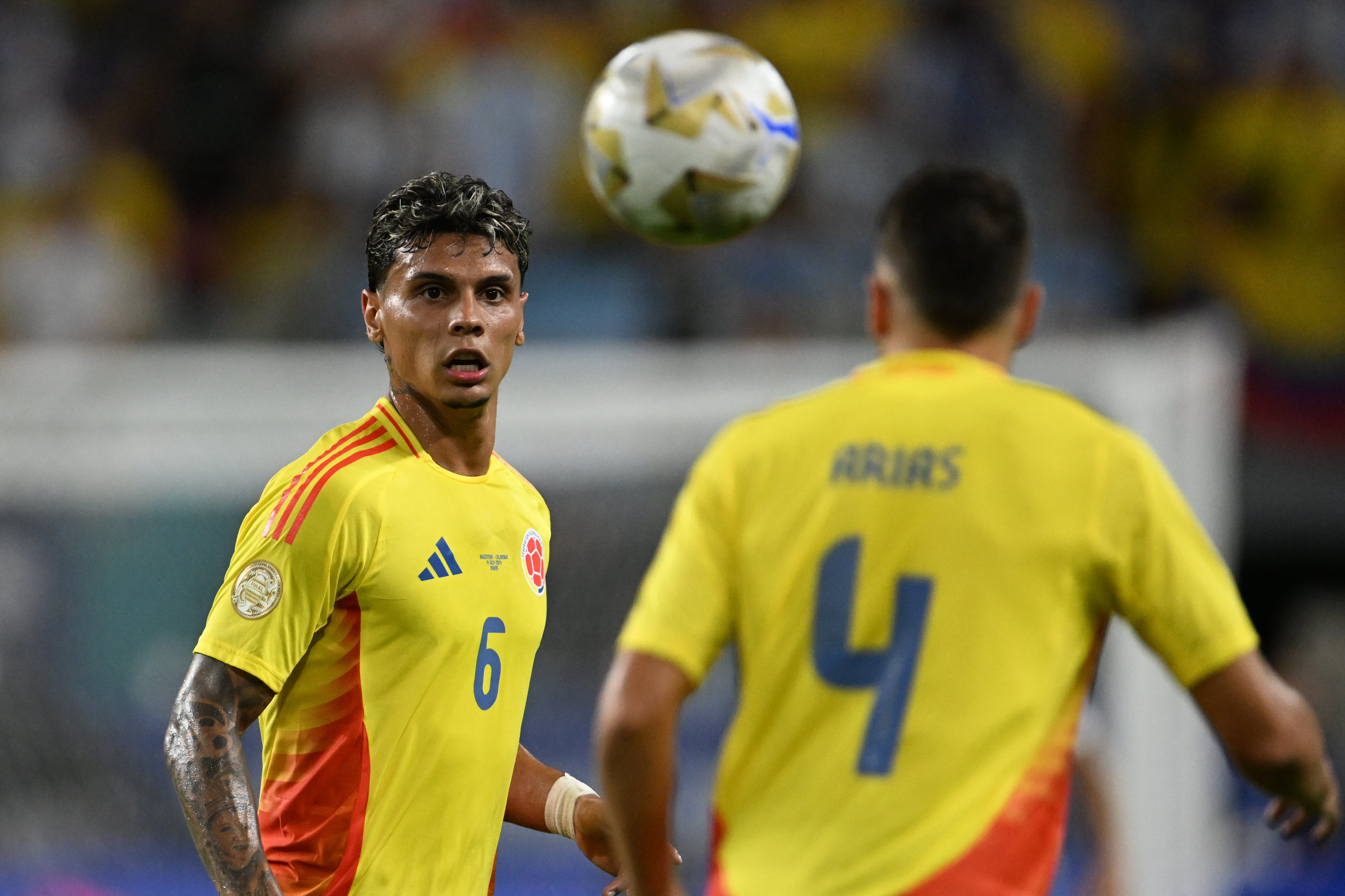 MIAMI, FL - JULY 14: Richard Rios #6 of Colombia watches the ball during the Copa America 2024 Final game between Colombia and Argentina at Hard Rock Stadium on July 14, 2024 in Miami, Florida. (Photo by Robin Alam/ISI Photos/Getty Images)
