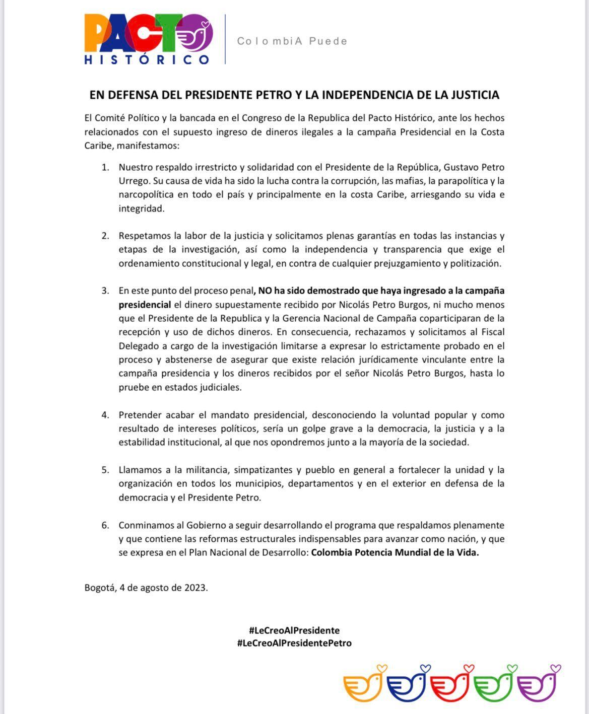 Comunicado del Pacto Histórico sin la salvedad de que no fue suscrito por los integrantes de esa coalición política en la Comisión de Acusación.