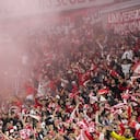 Hinchada de Santa Fe presente en el estadio 'El Campín' para el partido contra Once Caldas (fecha 5 - cuadrangulares).