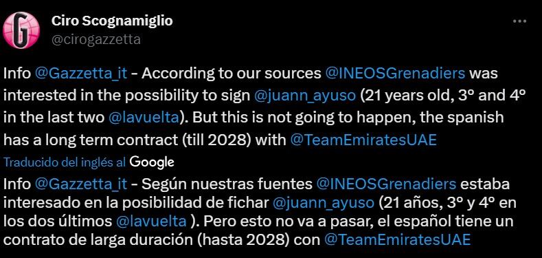 Información sobre el Ineos y Juan Ayuso.