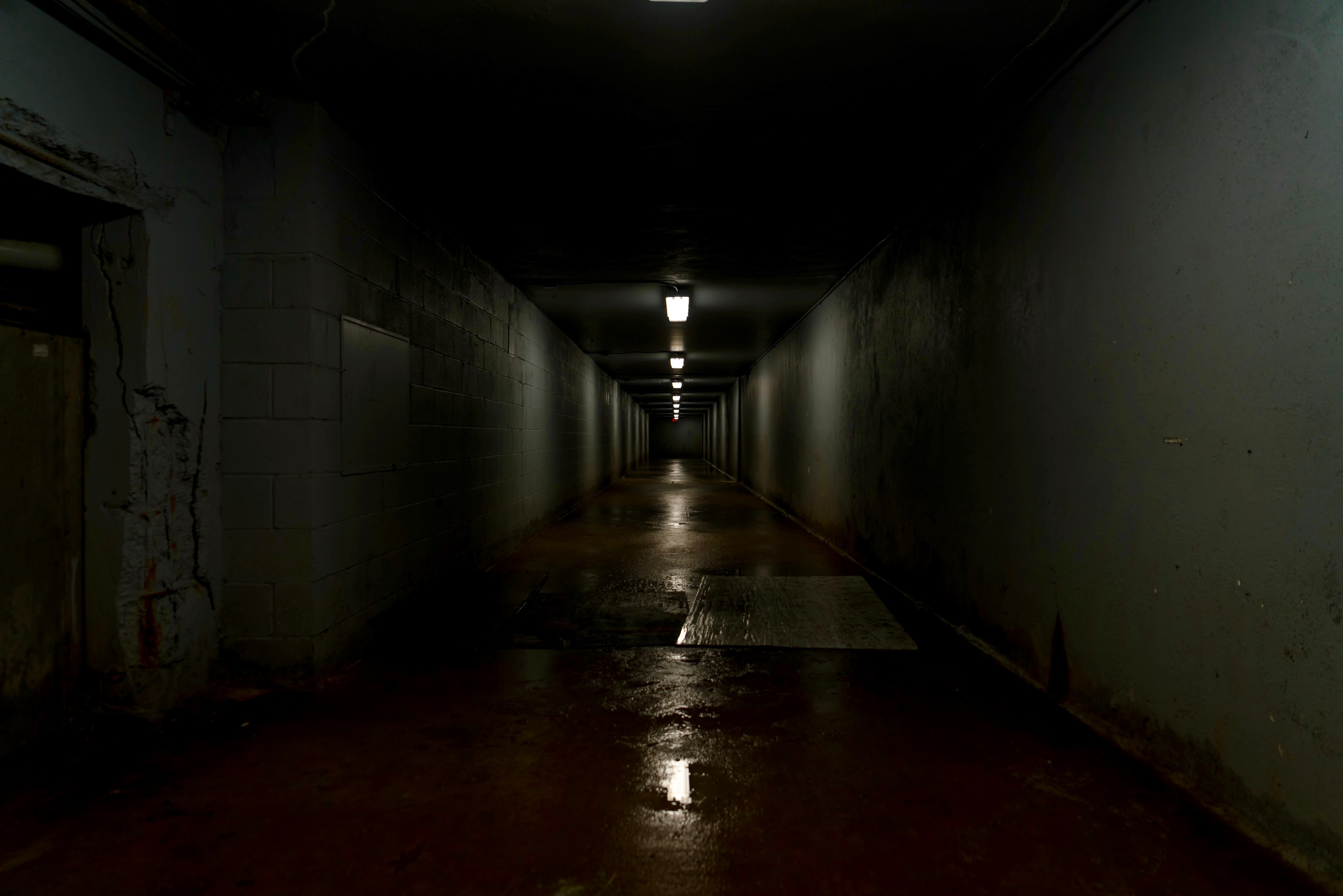 A spooky dimly lit hallway