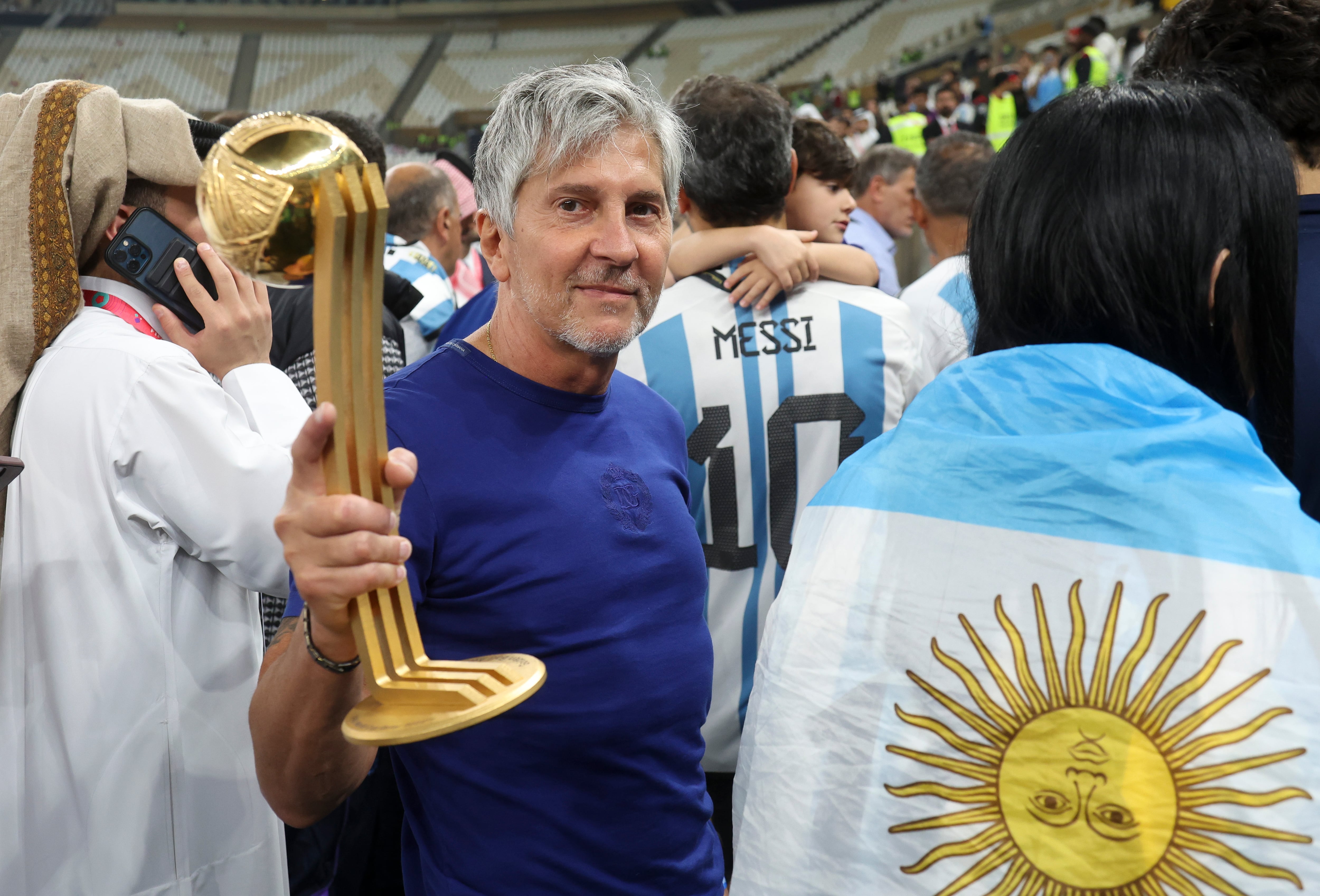 LUSAIL CITY, QATAR - DECEMBER 18: Jorge Messi, father and agent of Lionel Messi - holding his son's trophy of 'Best player of the World Cup - following the FIFA World Cup Qatar 2022 Final match between Argentina and France at Lusail Stadium on December 18, 2022 in Lusail City, Qatar. (Photo by Jean Catuffe/Getty Images)