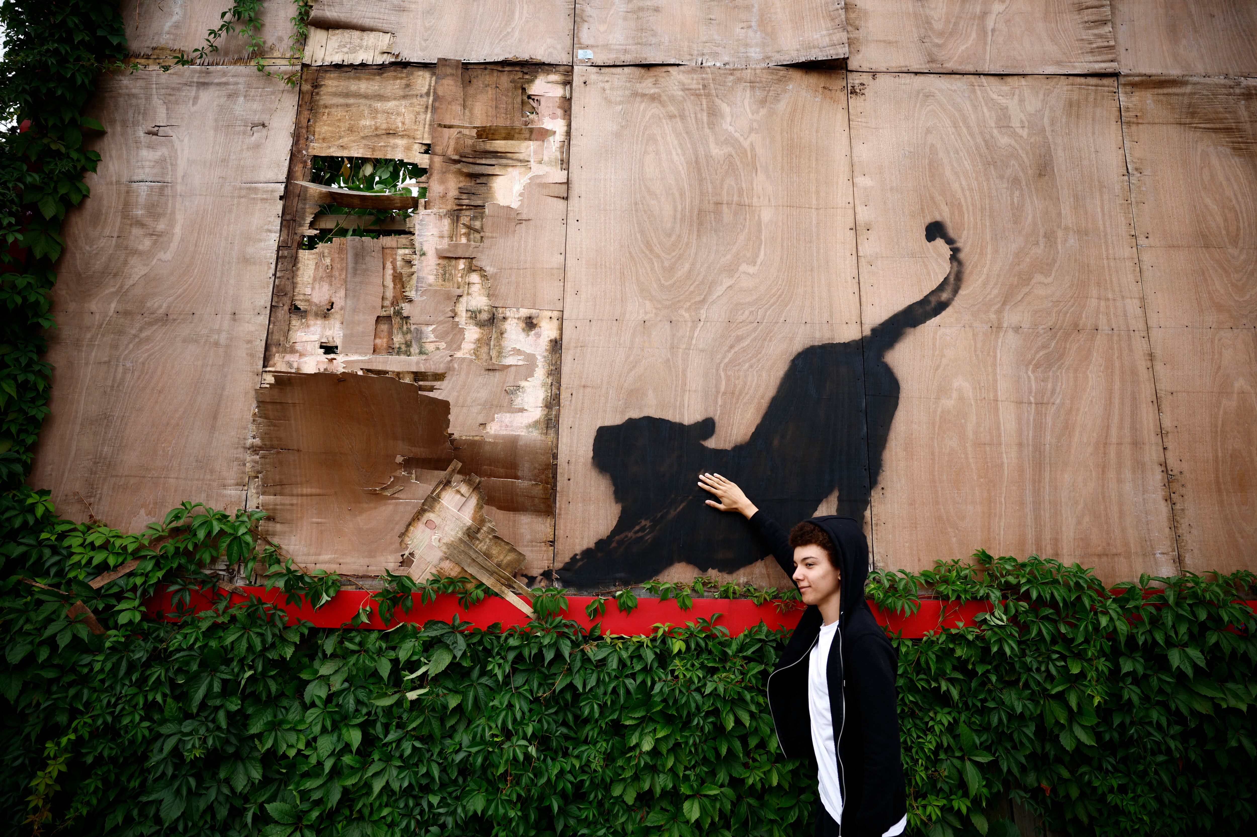 A person poses for a photograph of an artwork by street artist Banksy, the sixth to be released this week, depicting a big cat looking up toward a hole in a disused advertising billboard, in northwest London, on August 10, 2024. The artist confirmed the work to be theirs after posting an image of it on the social media app Instagram. (Photo by BENJAMIN CREMEL / AFP) / RESTRICTED TO EDITORIAL USE - MANDATORY MENTION OF THE ARTIST UPON PUBLICATION - TO ILLUSTRATE THE EVENT AS SPECIFIED IN THE CAPTION