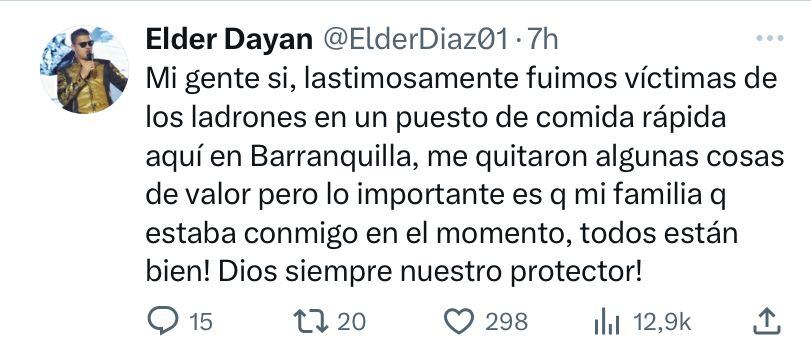 Elder Dayan confirmó que fue víctima de atraco.
