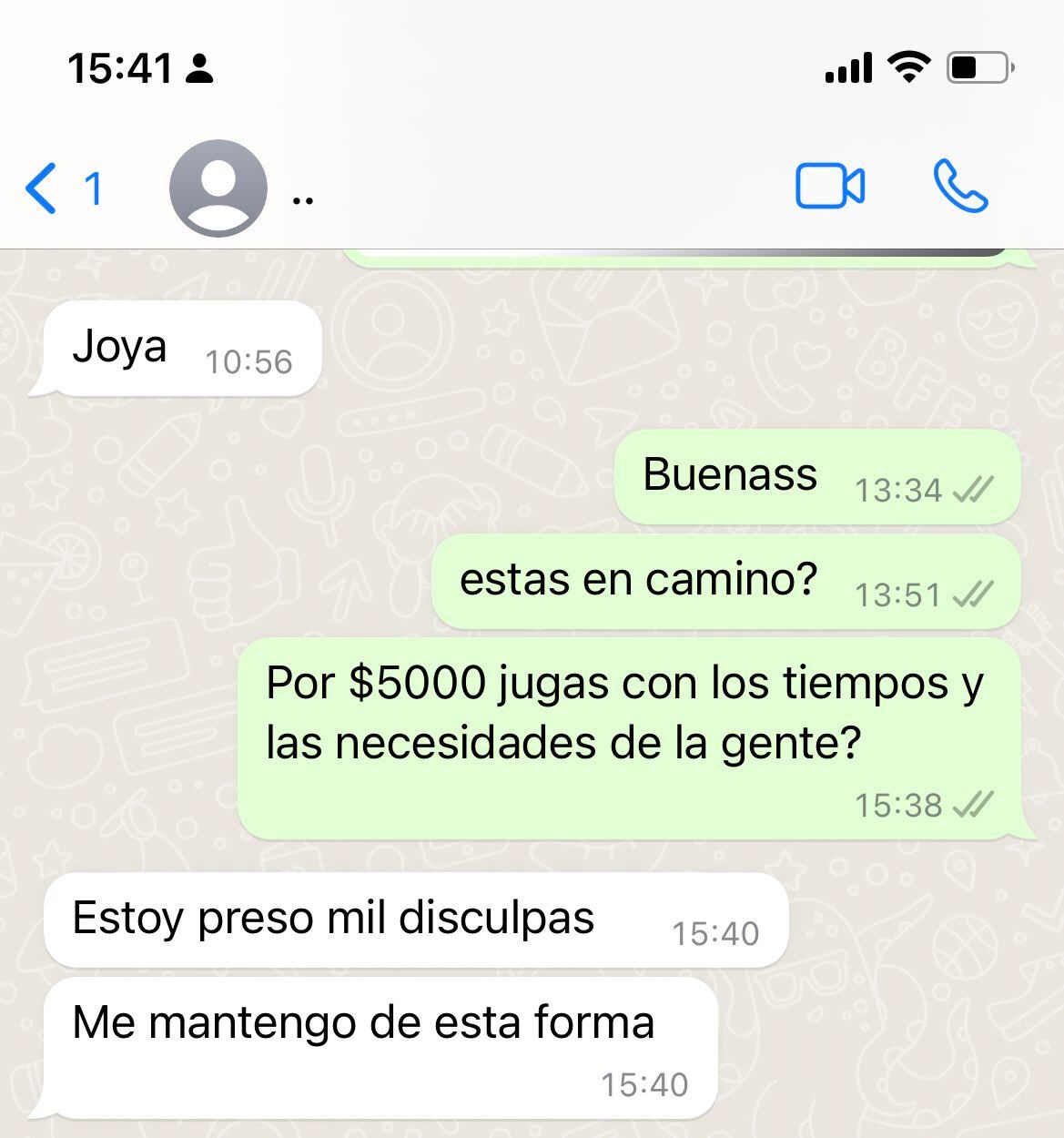 Pantallazo de la conversación en WhatsApp