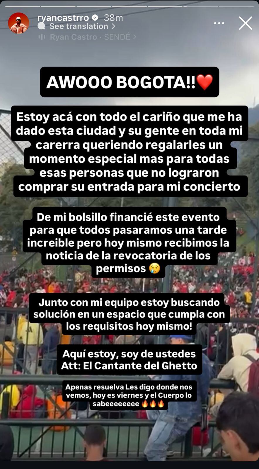 Ryan Castro se pronunció sobre la cancelación de su concierto.