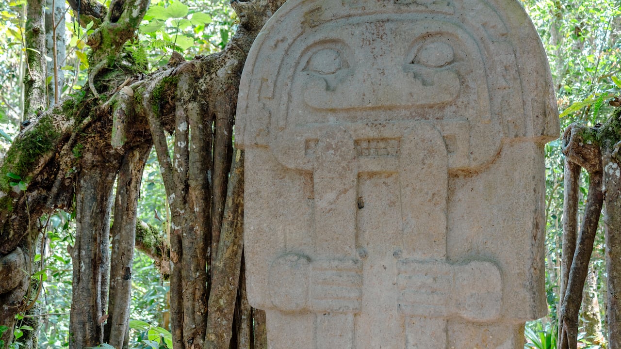 San Agustin (San Agustín), Huila, Colombia : pre-columbian megalithic sculpture on display in the archaeological park, San Agustin. Impressive statue carved with volcanic stone.