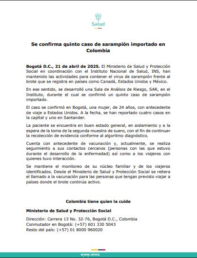 El Ministerio hizo el anuncio este 21 de abril.