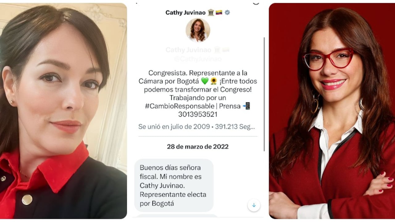 La fiscal Angélica Monsalve, Catherine Juvinao y el chat donde la congresista le escribió por primera vez en Twitter.