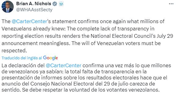 Brian Nichols habla de las elecciones en Venezuela