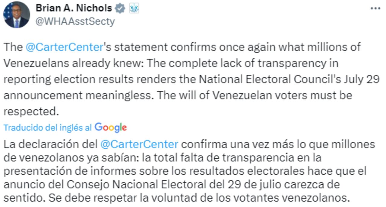 Brian Nichols habla de las elecciones en Venezuela