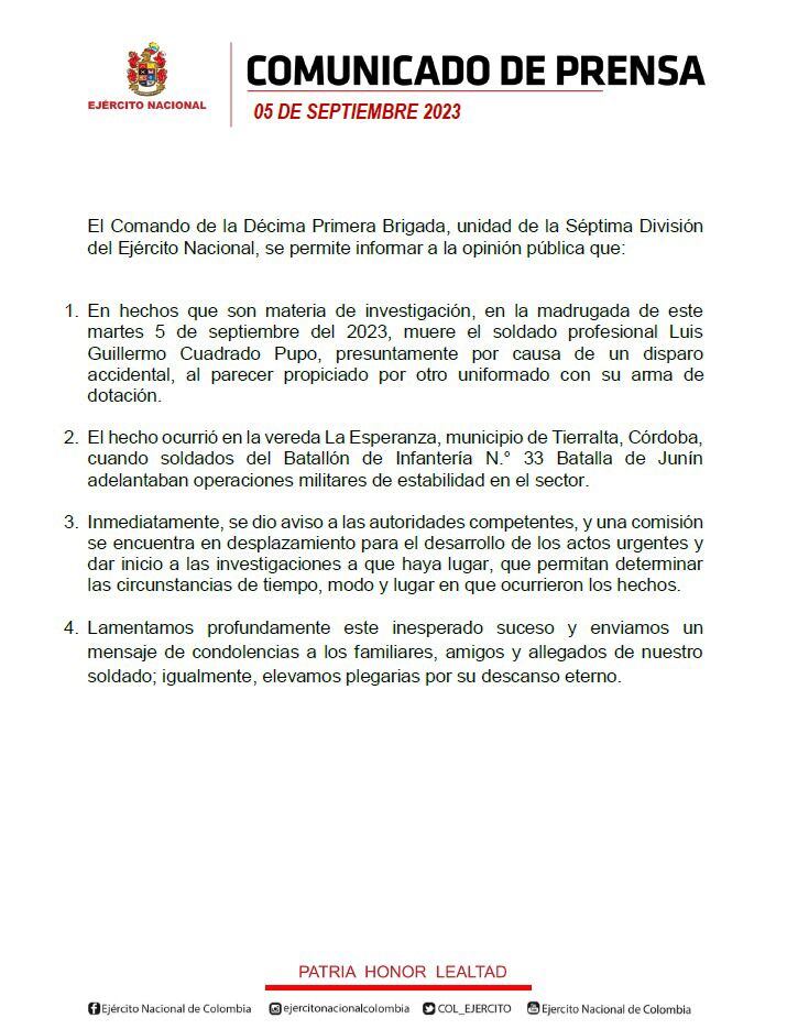 Ejército se pronunció sobre la muerte del soldado.